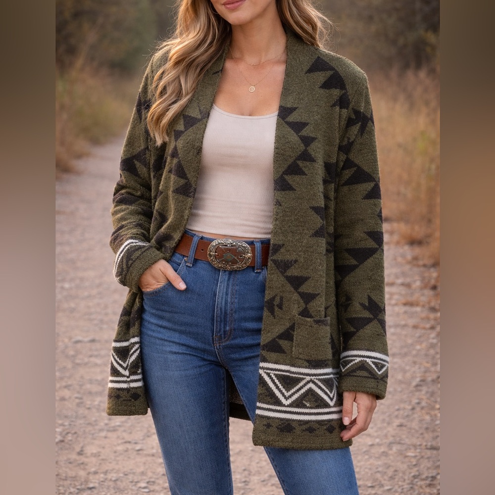 Frye Olive Aztec Open-Front Cardigan Black Pattern Southwest Geometric